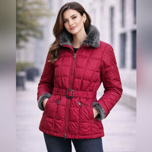 Woolrich Down Puffer Jacket Womens Medium Red Belted Fur Collar Winter Coat